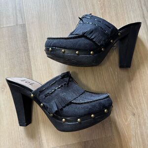 Vintage L.E.I. Anetteco Clogs Leather Studded Mules Heels Sz 10 Black Y2K 90s